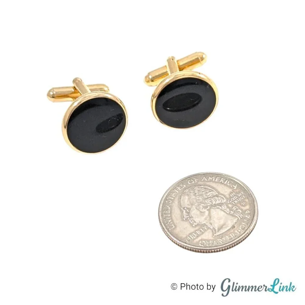 Black Enamel Circle Art Deco Style Gold Tone Cufflinks